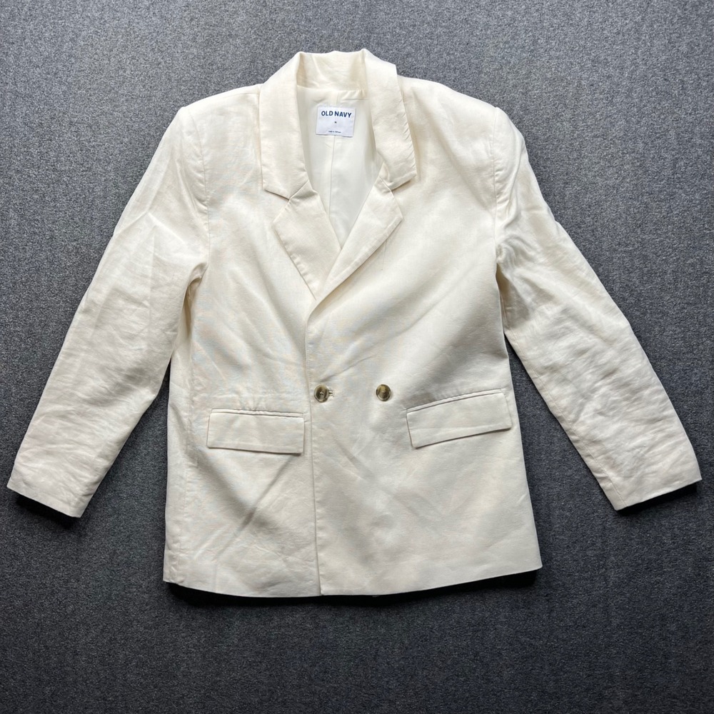 Old Navy Blazer Women Medium White Linen Blend Double Breasted Lined Jacket